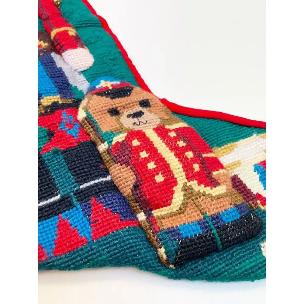 Vintage Needlepoint Wool Christmas Stocking Nutcracker Teddy Bear 3D